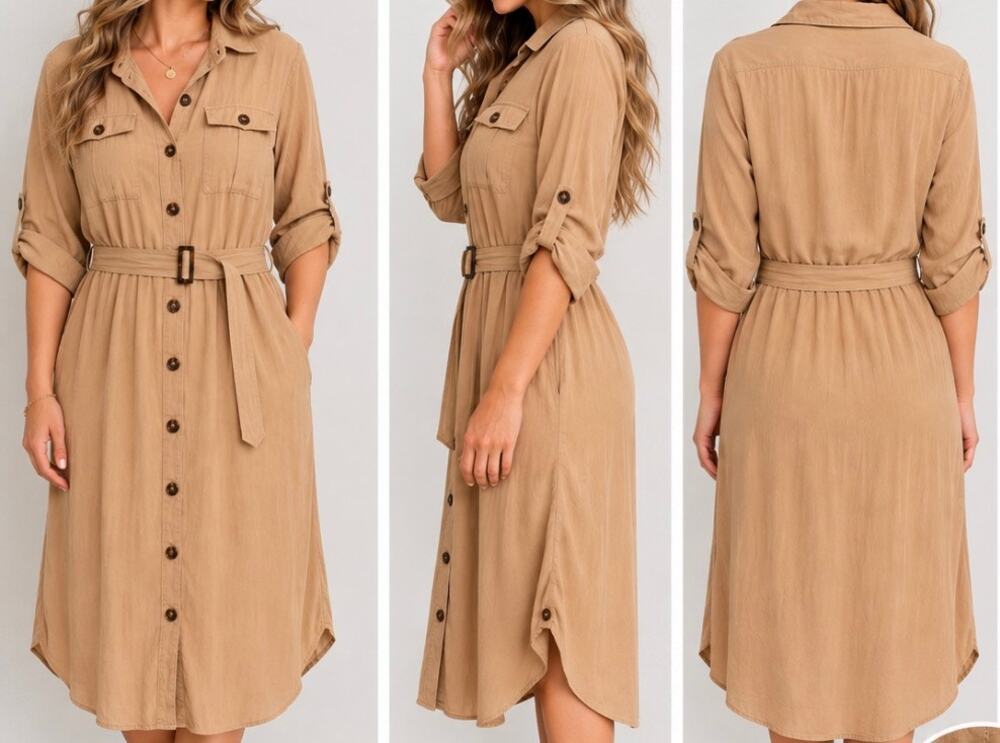 Cato Women’s Plus Size 14/16W Tan Button Front Belted Shirt Dress